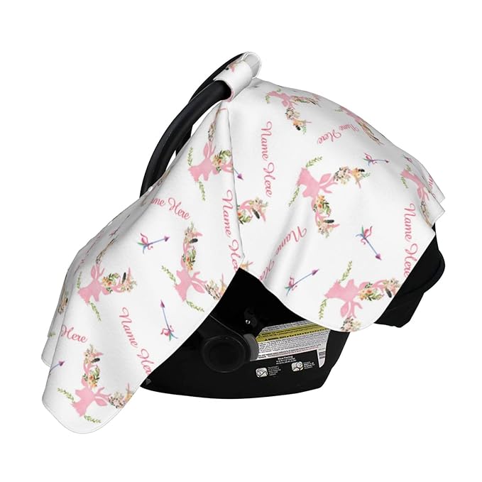 Custom Baby Name Car Seat Covers for Babies, Carseat Canopy, Peekaboo Opening Minky Nursing Breastfeeding Cover Infant Canopies for Baby Girls Newborn (Print Girl Antler Flowers, Pink Minky Dot)