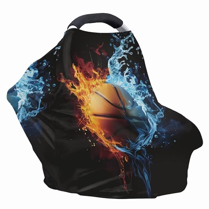 Coldinair Basketball Fire Water Car Seat Cover for Babies Boys Girls,Nursing Cover,Soft Stretchy Infant Carseat Canopy,Shopping Cart/High Chair/Stroller Covers
