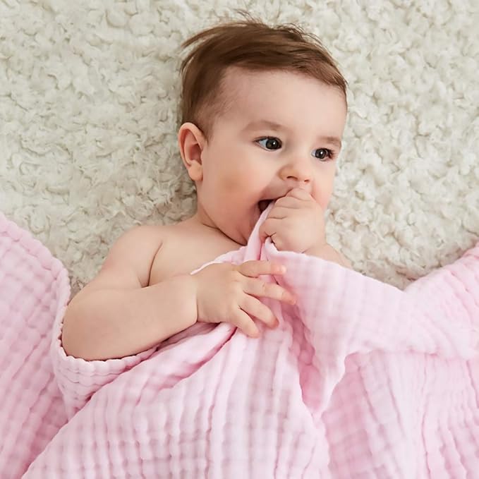 YEBON ProC 2Pcs Baby Muslin Bath Towels, Super Soft Cotton Bath Towel 6 Layers Infant Newborn Swaddle Blanket 41.3 X41.3 Inches,Baby Registry as Shower (Pink)