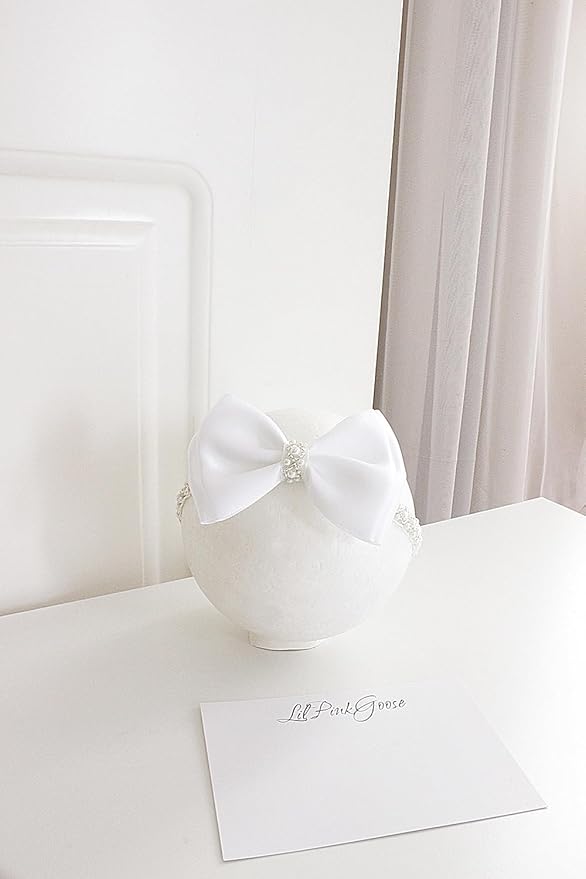 0-12 Newborn Baby Baptism Pearl Headband or Clip with Bow in WHITE Christening Headband with Satin Bow, Pearl Rhinestone Band (Off White(1 Year&up), 1 Count (Pack of 1))