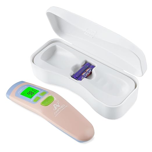 Amplim Non-Contact Forehead Thermometer for Adults, Kids & Infants | Ampmed No-Touch Medical Grade Temporal Fever Thermometer with Case, Nurse Accessories for Work, FDA-Cleared Pink Termometro Digital
