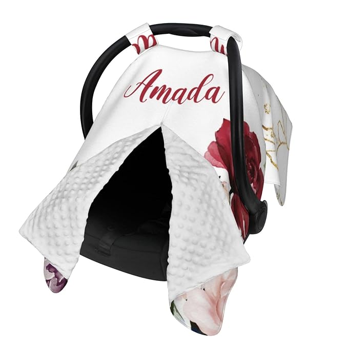 Personalized Baby Car Seat Canopy for Babies, Custom Name Car Seat Covers for Baby Girl, Floral Red and Pink Opening Minky Nursing Breastfeeding Cover for Infant, Carseat Canopies for Newborn