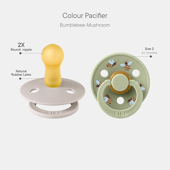 BIBS Studio Soother 2-Pack, BPA Free Dummy Pacifier, Round Nipple. Natural Rubber Latex, Made in Denmark, Size 2 (6-18 Months), Mushroom/Sage