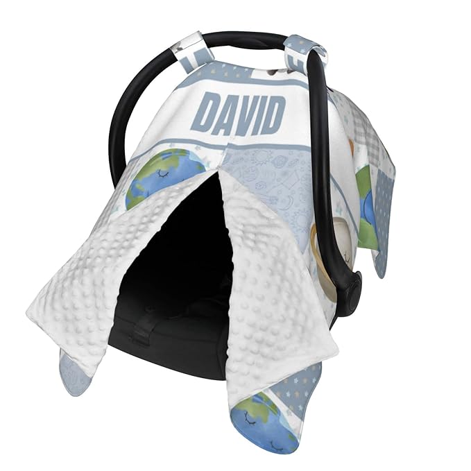 Personalized Baby Car Seat Canopy for Boys Girls, Custom Name Baby Car Seats Covers for Babies, Opening Minky Nursing Breastfeeding Stroller Cover Infant Carseat Canopies for Newborn (Space Cow)