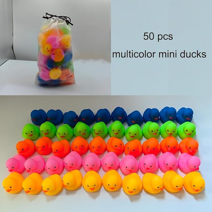 50 Pcs Multicolor Mini Rubber Ducks Baby Bath Toy ,Children Squeak and Float Colored Small Ducks in Bulk Toddlers Shower Duck Decorations Party Favors