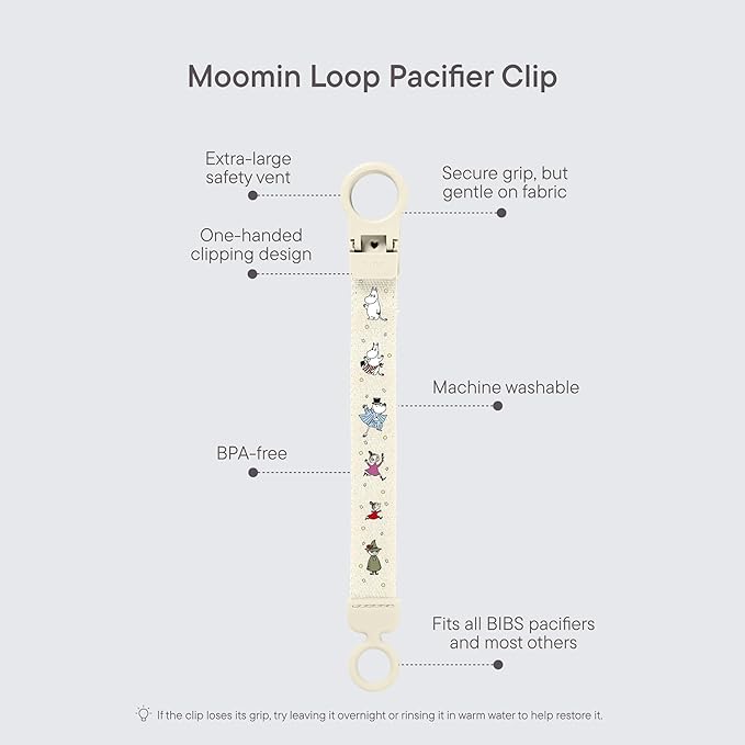 BIBS x Moomins Loop Pacifier Clip - Sleek, Secure One-Handed Operation, Fits All BIBS, Machine Washable, Slim Profile for Comfort, Ages 0+ - Ivory