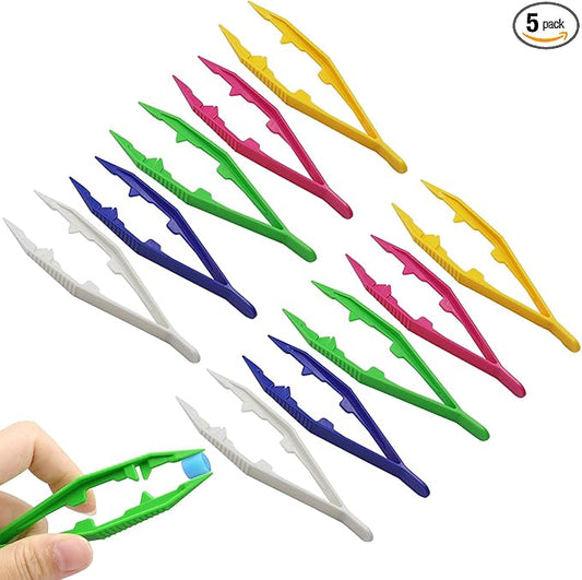 10Pcs Plastic Tweezers for Fine Motor Skills, Sensory Bins & Jewelry Making - Non-Slip Grip Bead Sorting Tools with Assorted Colors (White, Pink, Blue, Green, Yellow) (5 Colors 10Pcs)