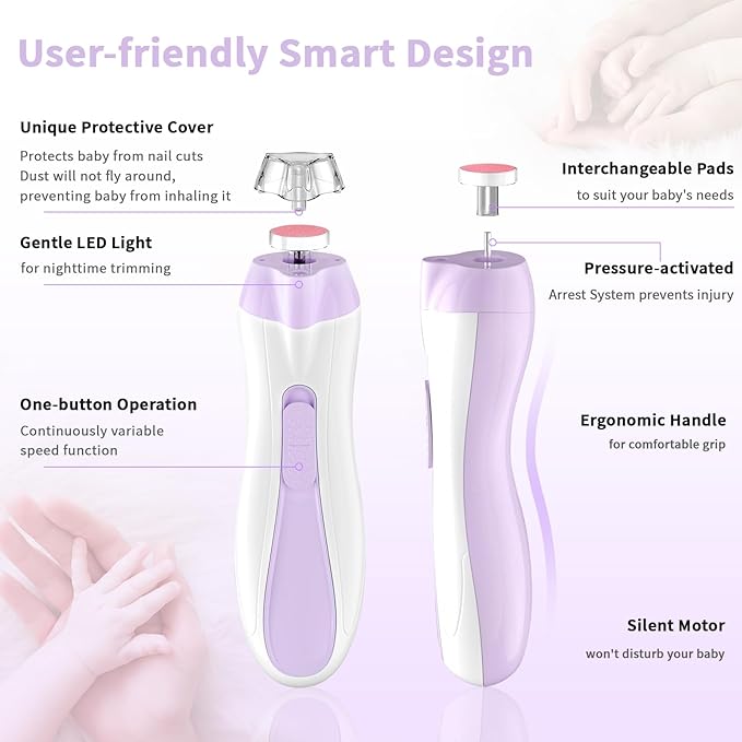 Baby Nail File Electric Baby Nail Care Set with LED Light, Baby Nail Clipper Electric for Newborn/Infants/Adults Toenails and Fingernails, 7 Grinding Head Replacement Pads, Purple