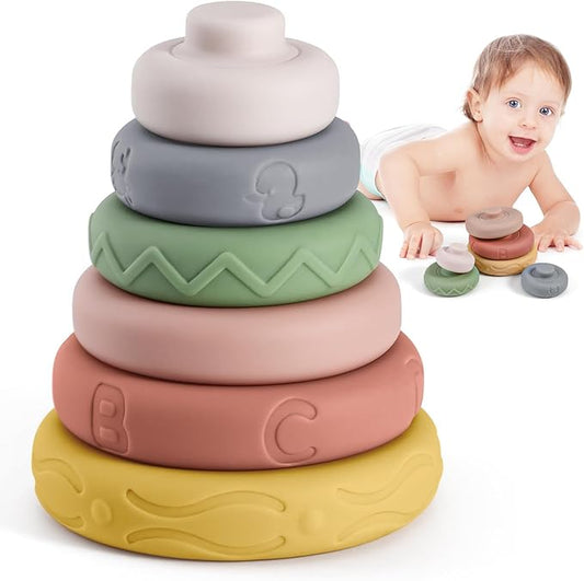 BOBXIN Baby Stacking & Nesting Rings Toy 4.7", 6pcs Soft Silicone Circle Building Stacker,Squeeze Play with Letter,Animal and Graphic,Toddler Sensory Learning Toys for Babies 6 Months+