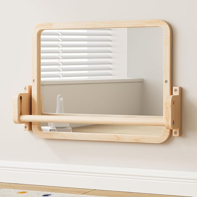 Woodtoe Montessori Mirror with Bar, Baby Pull to Stand Toys, Natural Wooden Frame & Baby Pull Up Bar, Adjustable Infant Coordination Small Mirror, Montessori Birthday Toy for Toddler 6-18 Months