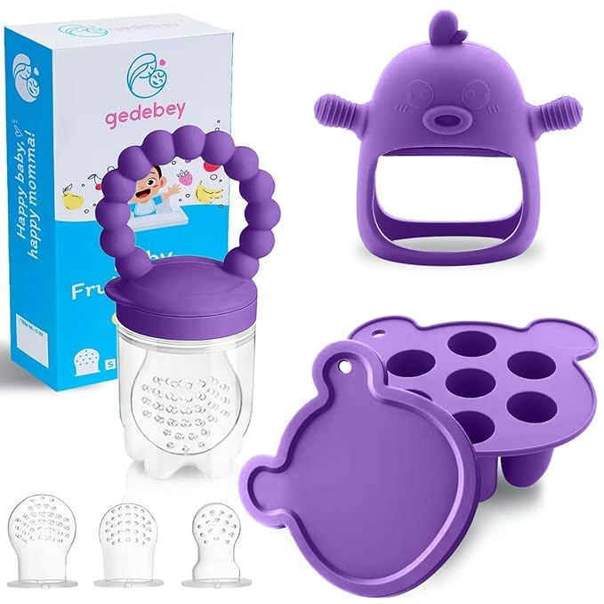 6-in-1 Baby Fruit Feeder Pacifier & Baby Food Feeder Set – Silicone Breastmilk Popsicle Mold with Freezer Tray, Teething Relief Toy, BPA Free Infant Feeder, 3 Sizes (S/M/L) Sacs (Purple)