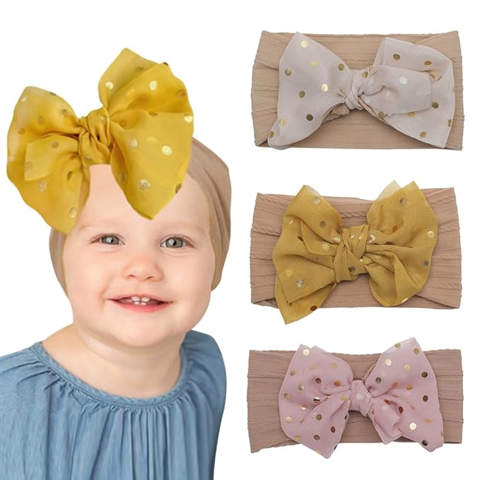 Baby Girl Top Bow Head Wrap, Stretchy Knitted Headband with Chiffon Bow 3Pcs for Newborn Infant Toddlers (ML23098)