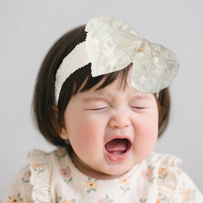 Baby Girls Hairband White Bow Lace Headbands Handmade Soft Stretchy Bowknot Hairbands Newborn Headband with Bows Pearls Elastic Head Band for Newborn Infant(Beige Embroidered Bow)