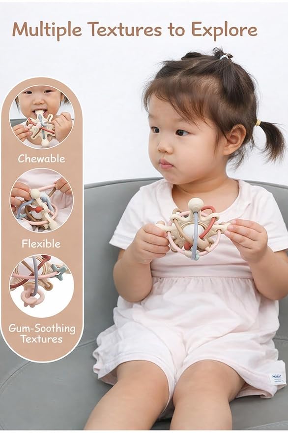 Cosmo Silicone Baby Rattle Teether – Multicolor | BPA-Free 3D Sensory Teething Toy | Multi-Textured Chewable Arms & Pullable Rings | Food Grade Silicone | Developmental Grip Toy 3-36 Months