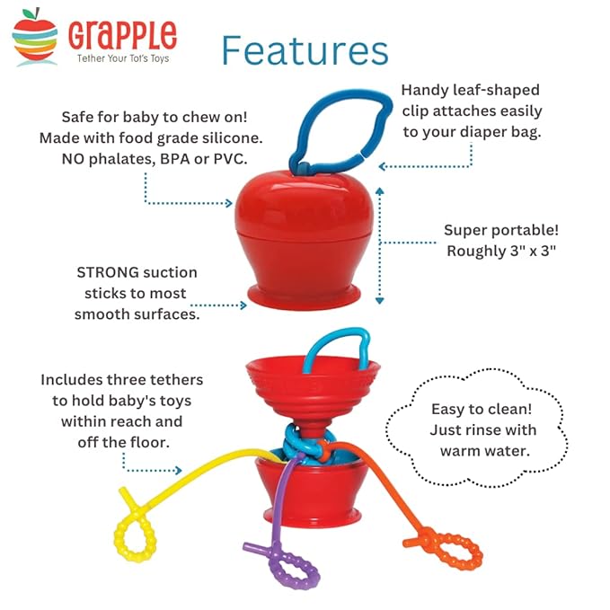 Grapple, the Baby Suction Cup Toy Holder for High Chair, Stroller and Teething Toys for Babies 6-12 Months. One of Your Baby Must Haves!