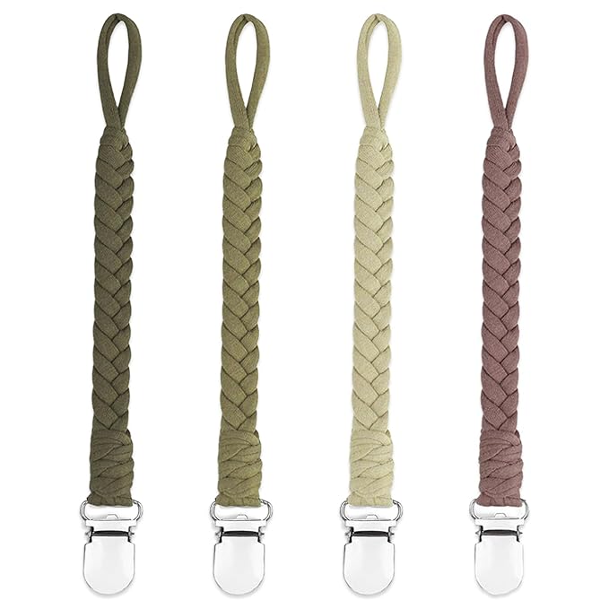 4 Pcs Pacifier Clip, Pacifier Clips for Boys & Baby Girls Pacifier Holder Clip Binky Clips Braided 100% Handmade Fits All Pacifiers(Green, 4 Pack)