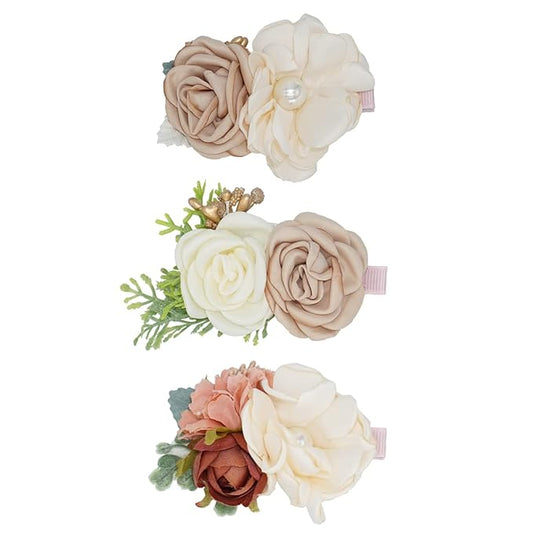 3pcs Girls Flower Hair Clips, Floral Hair Barrettes w/Boutique Fully Lined Alligator, Hair Bows for Baby Newborn Toddler