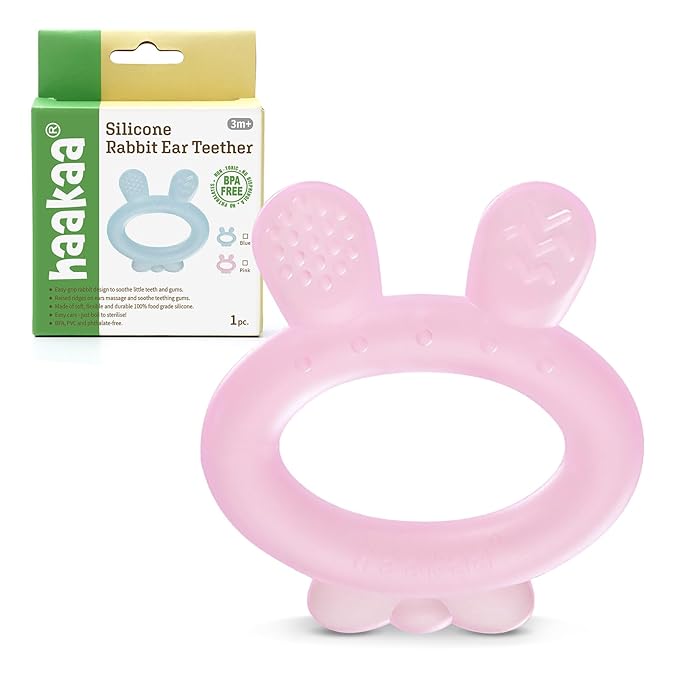 Haakaa Silicone Baby Teether - Rabbit Ear Frozen Teething Toy for Babies 3-6 Months- Cold Teething Relief - BPA Free Silicone-Pink