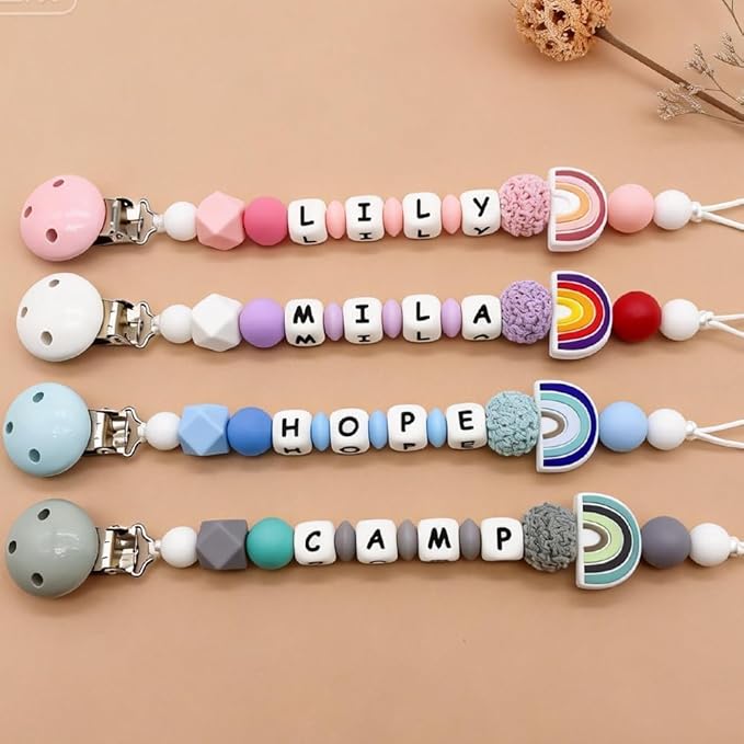 Personalized Pacifier Clip with Name, Custom Rainbow Silicone Binky Holder for Baby Girls & Boys