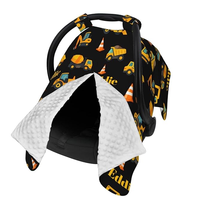 Personalized Construction Baby Car Seat Canopy for Boys – Custom Name Minky Nursing Cover, Infant Carseat Canopy, Opening Breastfeeding Stroller Cover for Newborn Baby Gift