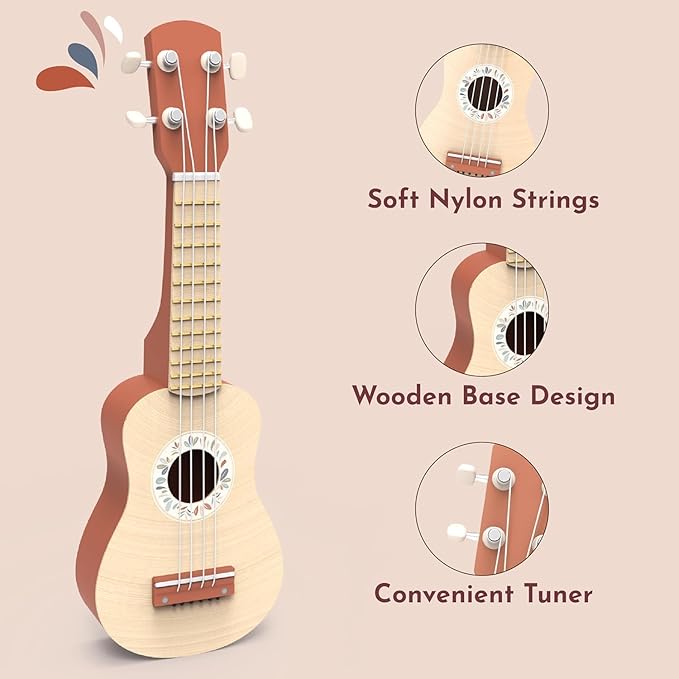 SPEEDY MONKEY 16-Inch Kids Ukulele Toy | FSC® Certified Wooden Toy for Toddlers and Children | Safe Design Kid's Musical Toy with 4 Nylon Strings, Terracotta & Wood Finish