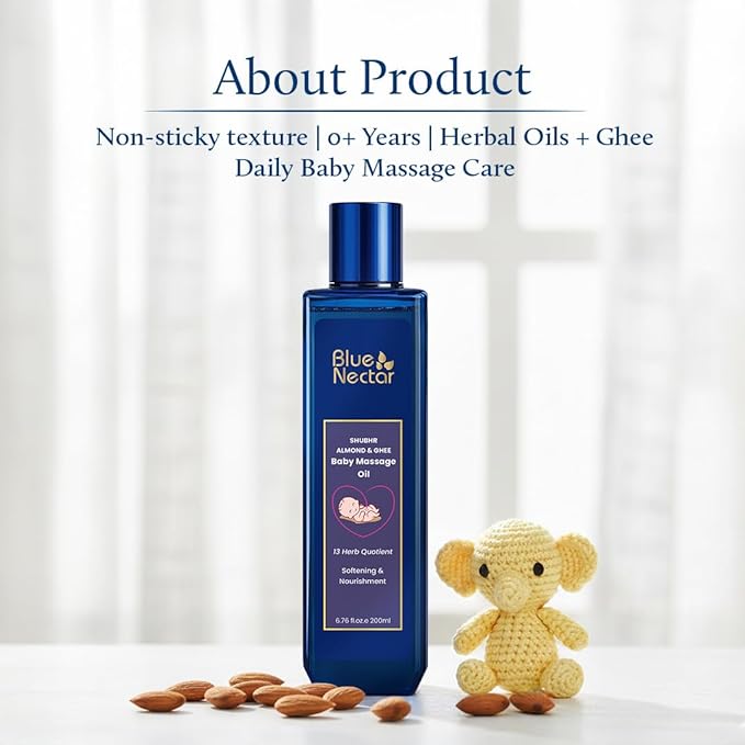Blue Nectar Ayurveda Gentle Baby Oil for Newborn Skin Care -Moisturizing Baby Massage Oil for Dry Skin Moisturizer |Soothing with 100% Natural Coconut Oil & Organic Ghee (13 Herbs, 6.76 Fl Oz)