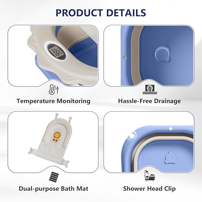 MoreFeel Foldable Baby Bathtub with Thermometer - 4-in-1 Grow-with-Me Collapsible Infant Tub (Newborn to Toddler) with Adjustable Mesh Sling - Space Saving Design