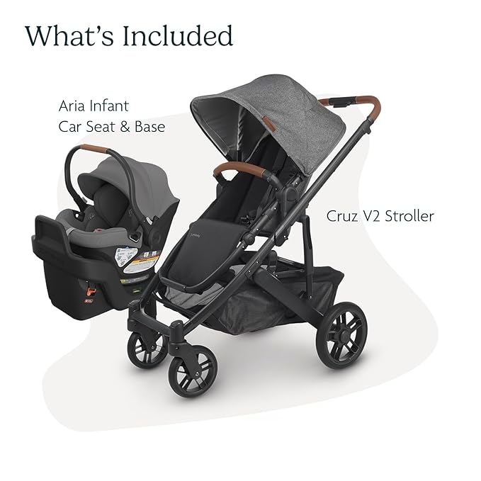 UPPAbaby Travel System, Includes Cruz V2 Stroller + Aria Lightweight Car Seat Combo - Toddler Seat, Rain Shield, Storage Bag, Car Seat, Base + Infant Insert Included - Greyson (Charcoal Mélange)