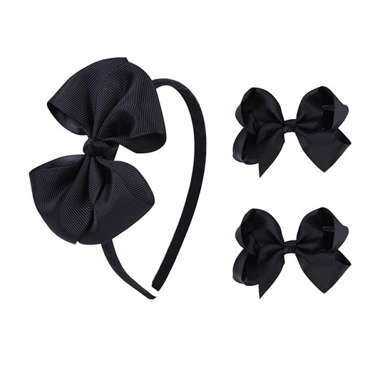 Bow Headband & 2 Pcs 4 Inch Hair Bows Set, Black School Hair Accessories for Little Toddler School Girls (Black)