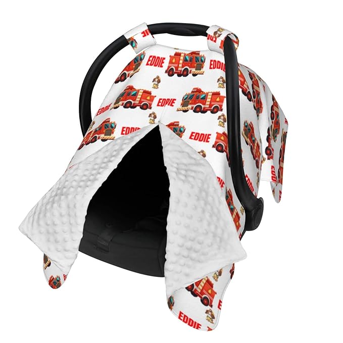 Personalized Baby Car Seat Canopy for Babies with Name, Custom Car Seat Covers for Boys Girls, Infant Opening Minky Nursing Breastfeeding Stroller Cover Carseat Canopies for Newborn (Firetruck)