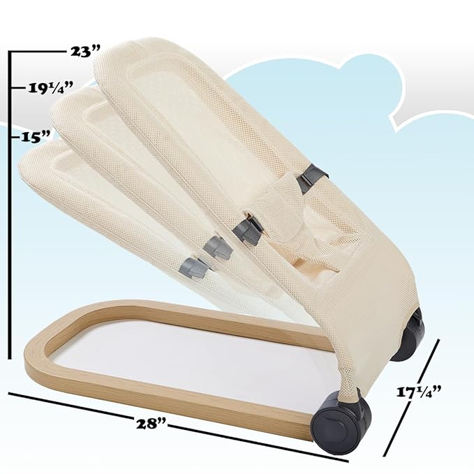Giggle Bounce Deluxe Folding Baby Bouncer with Soothing Natural Movement, Convenient Portable Folding Design, Adjustable Multi Position Recline, Removable Mesh Cover, and Wood Grain Base, Cream