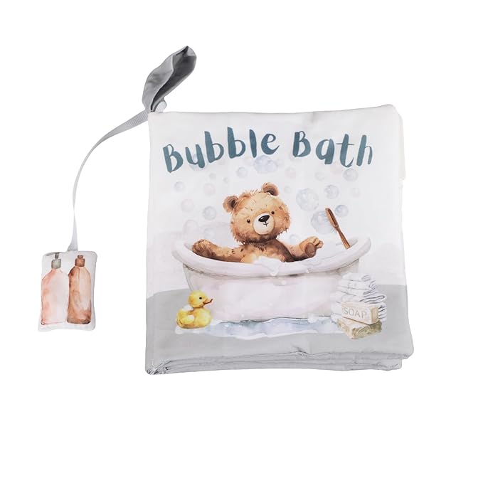 Ali+Oli Baby Cloth Book – Soft Sensory Crinkle Book with Teether for Infants 0-12 Months – Early Learning Touch & Feel Tummy Time Toy – Newborn Shower Gift for Boys & Girls - Bubble Bath