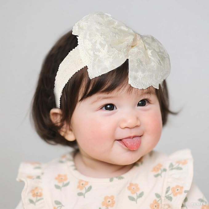 Baby Girls Hairband White Bow Lace Headbands Handmade Soft Stretchy Bowknot Hairbands Newborn Headband with Bows Pearls Elastic Head Band for Newborn Infant(Beige Embroidered Bow)
