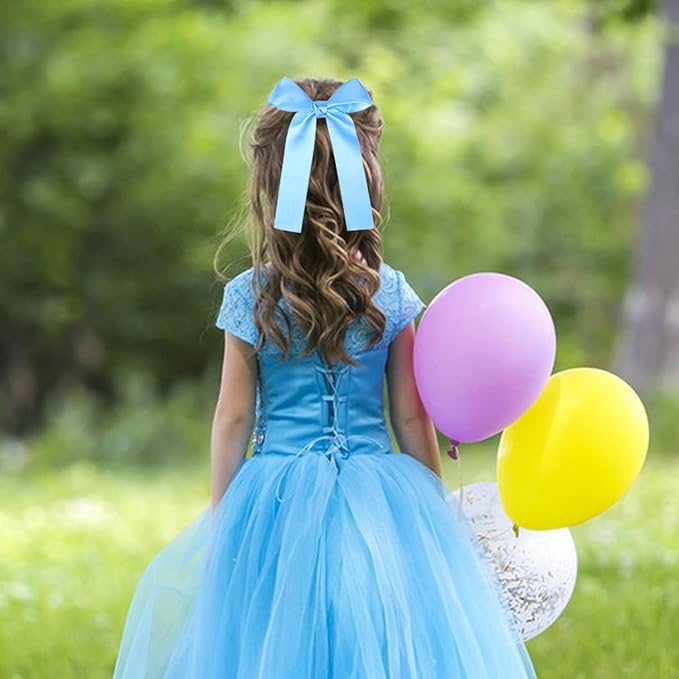 2-Pack Long Satin Ribbon Hair Bows for Girls – Elegant Silk Hair Clips for Toddlers, Infants, Teens & Kids - Sky Blue