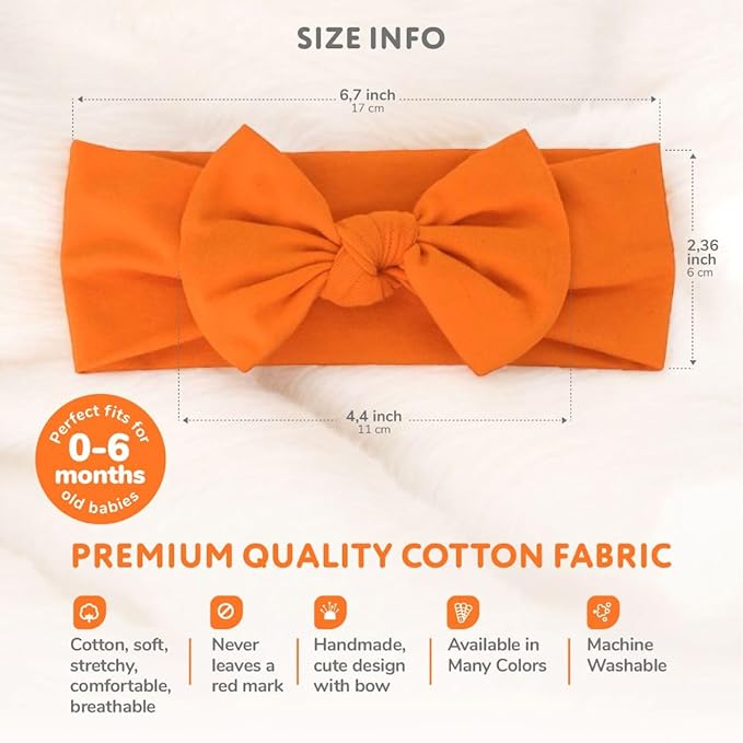 Baby Girl Headbands 0–6 Months – Newborn Infant Soft Cotton Handmade Bow Headband, Stretchy No Mark Baby Hair Accessories (Orange, 0-6 Month)