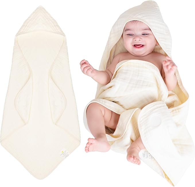 Hands-Free Hooded Towel 100% Organic Premium Muslin Cotton, 30" x 30", Ultra-Absorbent, Soft, Breathable, Hypoallergenic, Multipurpose, Gifts for Babies & Infants