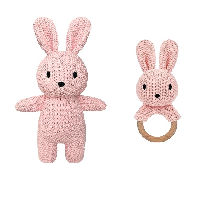 12" Handmade Crochet Rabbit Stuffed Animal, Baby-Safe Cotton Plush with Rattle, Hypoallergenic Toy for Newborns 0-12 Months, Ideal Baby Shower & 1st Birthday Gift