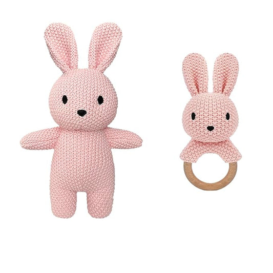 12" Handmade Crochet Rabbit Stuffed Animal, Baby-Safe Cotton Plush with Rattle, Hypoallergenic Toy for Newborns 0-12 Months, Ideal Baby Shower & 1st Birthday Gift