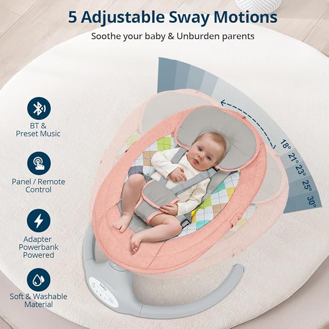Bioby Baby Swing for Infants with 5 Natural Sway Speeds, Portable Bt Music Baby Swing with Remote Control & 5-Point Harness, Lightweight Baby Rocker for 5-20 Lb,0-12 Months Pink