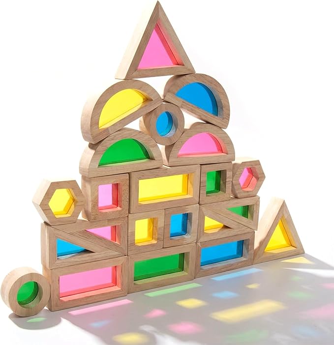 WOODENFUN Wood Building Blocks Set for Kids,Rainbow Stacker Stacking Game Construction Toys Set Preschool Colorful Learning Educational Toys, Geometry Wooden Blocks for Boys Girls