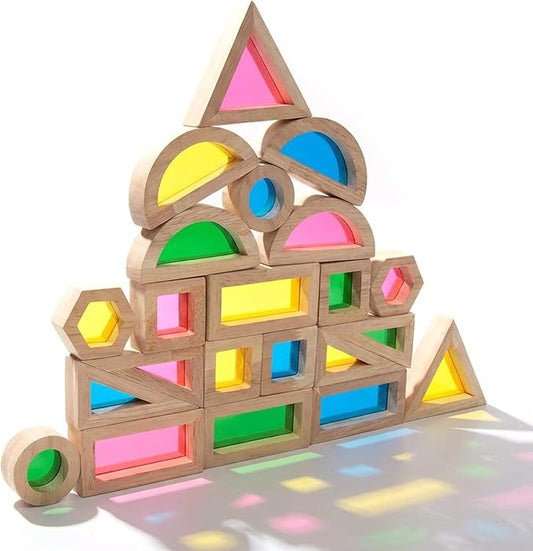 WOODENFUN Wood Building Blocks Set for Kids,Rainbow Stacker Stacking Game Construction Toys Set Preschool Colorful Learning Educational Toys, Geometry Wooden Blocks for Boys Girls
