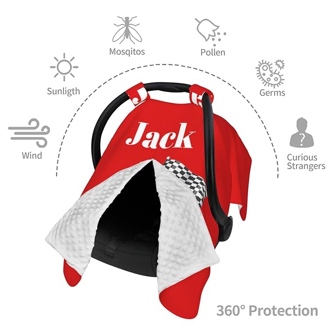 Custom Baby Car Seat Canopy for Babies with Name, Personalized Racing Car Red Baby Car Seats Covers for Boys, Opening Minky Nursing Breastfeeding Stroller Cover Infant Carseat Canopies for Newborn