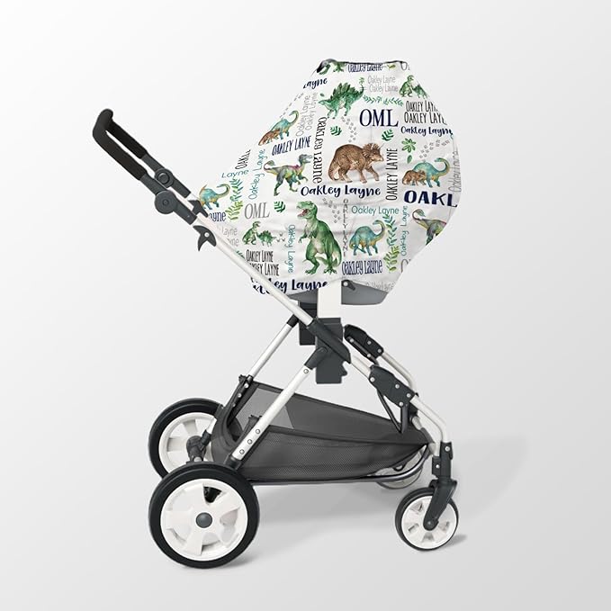 Personalized Baby Car Seat Cover Stroller Canopy: Custom Name Newborn Baby Boy Girl Elastic Animals Nursing Cover for Moms First Birthday Gift Green Dinosaur(one Size)