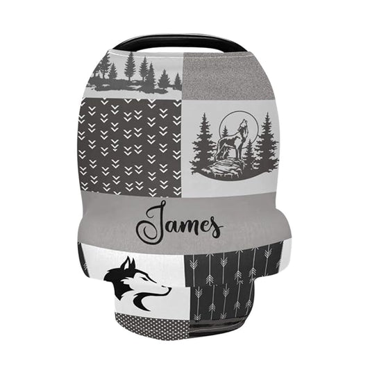 Personalized Car Seat Covers for Baby, Customized Infant Carseat Cover Canopy for Boys, Breathable Nursing Cover Breastfeeding Scarf, Soft Infant Stroller Canopy, Woodland Wolf