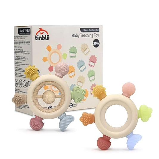 Baby Teething Toys 2 Pack, Dinosaur Mitten Teether and Ring Sun Teether with 6 Chewing Points, Silicone Chew Toys for Infants 0-6 6-12 Months, BPA Free Soothing Gum Relief Set (Colour)