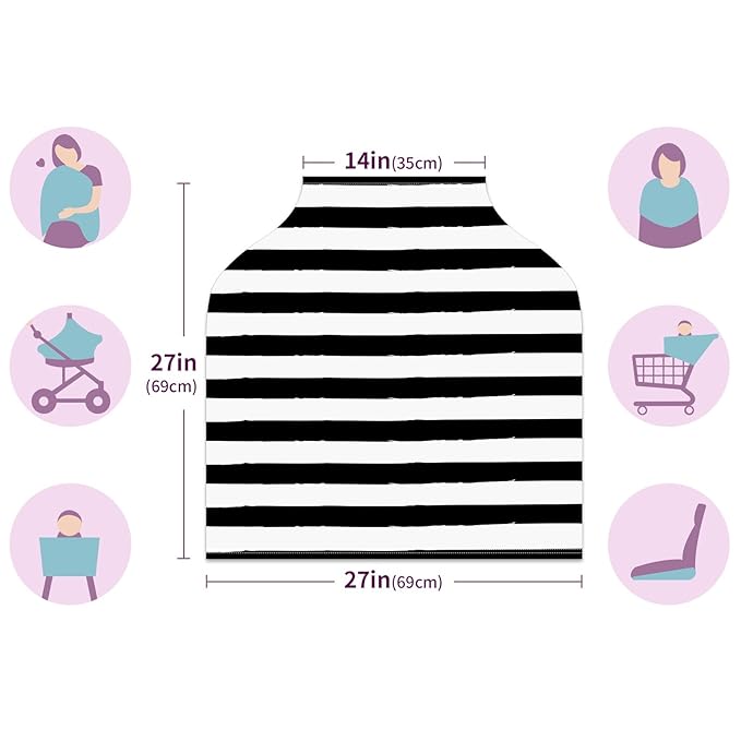 Baby Car Seat Stroller Covers Black and White Stripes Nursing Cover Breastfeeding Scarf Soft Breathable Stretchy Coverage Carseat Canopy Cover for Boys and Girls Soft Breathable Multi Use