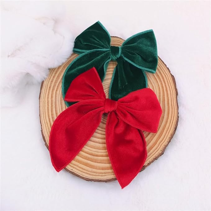 Velvet Plaid Bow Hair Clips and Accessories for Little Girls and Baby Moms - Red Green White Christmas Fable (4 Pack)