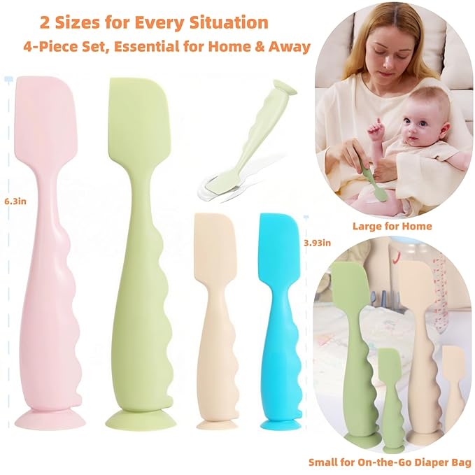 Diaper Cream Spatula 4 Pack,Soft Baby Butt Spatula baby diaper cream Applicator,Convenient Diaper Rash spatula,Silicone Butt Paste spatula Brush (2 Large 2 Small)
