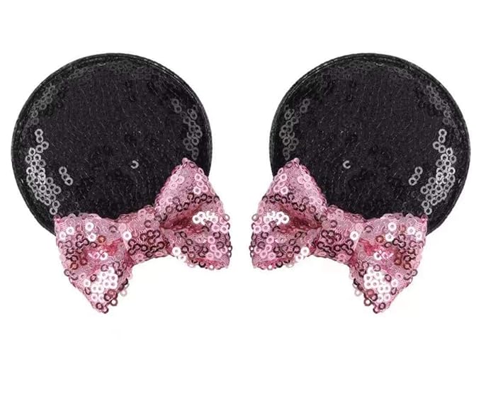 CLGIFT Minnie Ears Hairband, Handmade Headband for Baby/Toddler with Flexible Sequin (Black Pink Hair Clip, 2 Count)