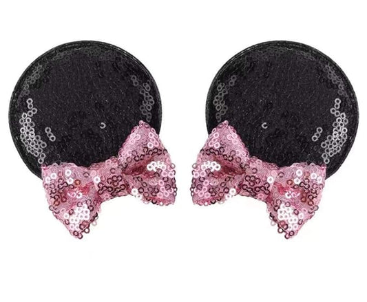 CLGIFT Minnie Ears Hairband, Handmade Headband for Baby/Toddler with Flexible Sequin (Black Pink Hair Clip, 2 Count)